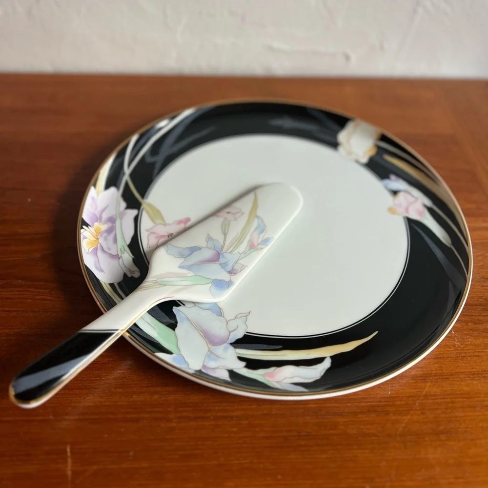 Vintage Mikasa Charisma Black Cake Plate & Server Set | Fine China Japan Floral
